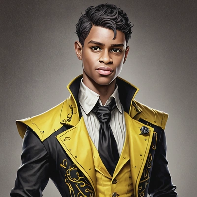 as human Bill Cipher, aristocratic manners, black and yellow clothes, high-quality stylized art, visible brushstrokes