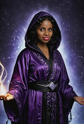 As a sorceress, in a deep purple robe with glowing magical symbols, standing in the dark