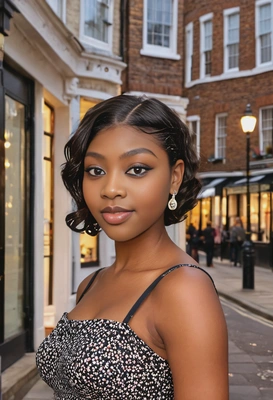 Generate a realistic, high-quality photo of me that looks exactly like my face. I am a stylish Black woman living in the UK. I am wearing an elegant birthday outfit, classy but modest, soft glam makeup, natural smile. The background is a beautiful London street with warm lighting. Professional photography, natural skin texture, realistic proportions, elegant pose.