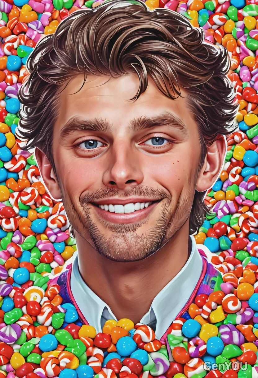 as a candy man, wonderland with candies around, smiling, eyes on you, high-quality stylized art, cartoonish style, visible brushstrokes