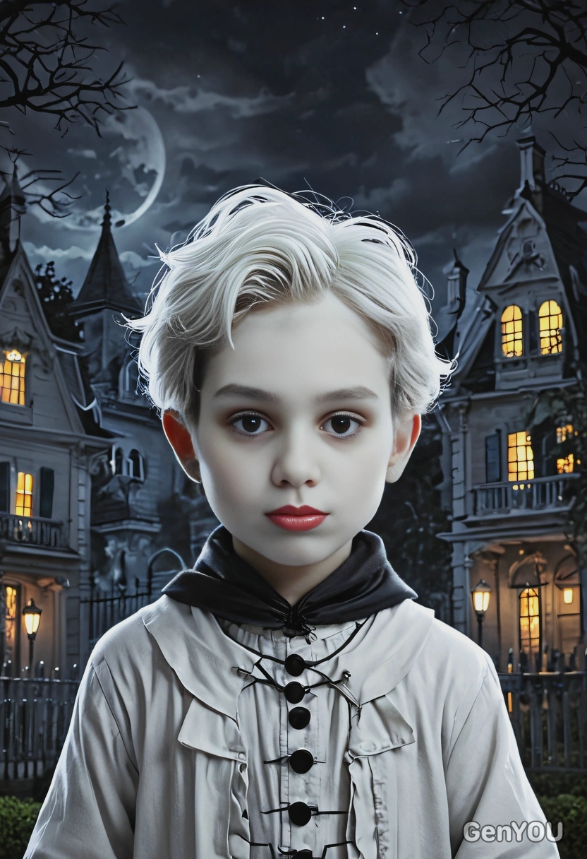 as a child ghost, white face, haunted mansion on background, night, symmetrical clothing details, cartoon style, high-quality stylized art