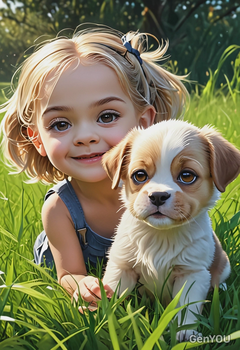 playing with a puppy in the grass, high-quality stylized art, big eyes, cartoonish, visible brushstrokes