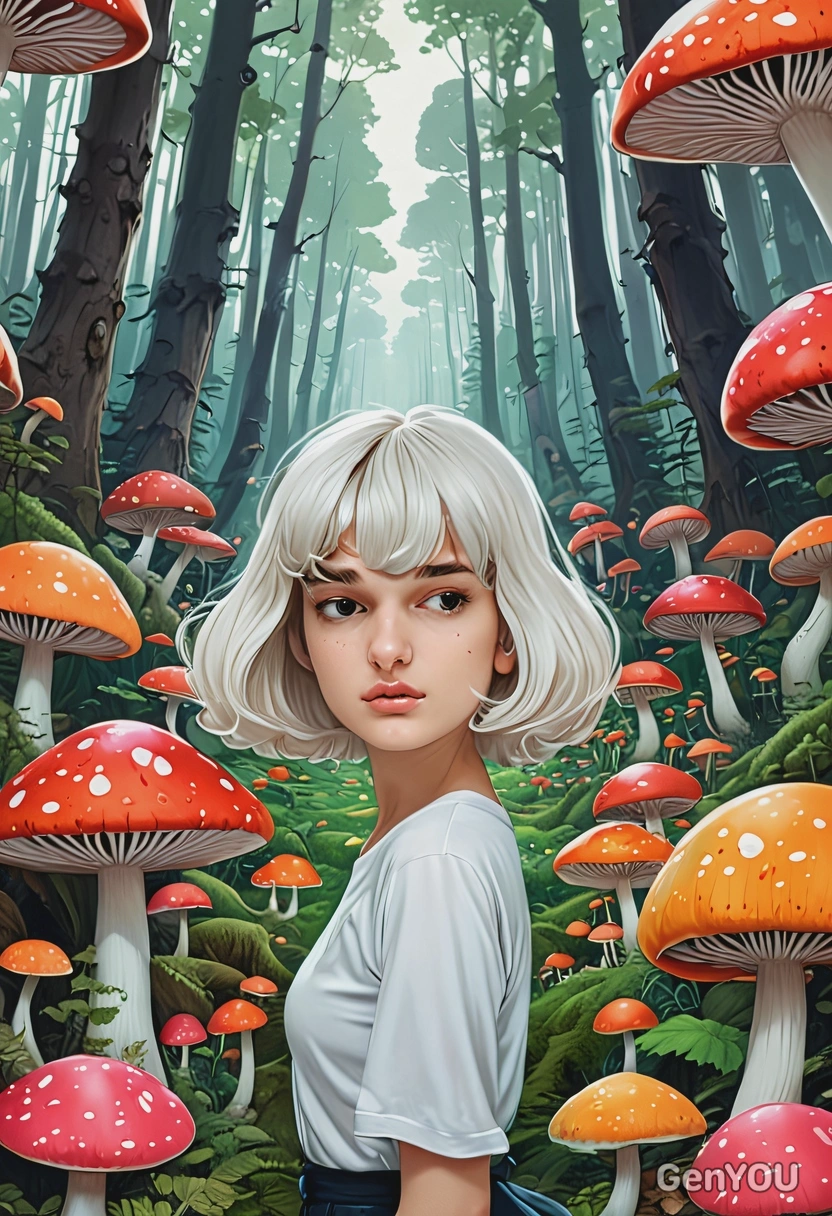 in a forest filled with giant, colorful mushrooms, anime style, big eyes, manga drawing