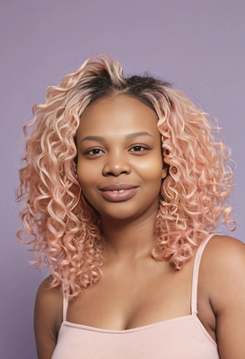 voluminous, curly hair in pastel peach with a soft ombré into light lavender, set against a cheerful backdrop