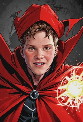 Hand-drawn flat cartoon style, Scarlet Witch from Marvel Comics, oversized cartoon big sparkling eyes, red headpiece and flowing cape, casting chaotic red magic with swirling energy, dynamic pose, sharp outlines, glowing crimson lighting, waist-up portrait, fractured dimensional background