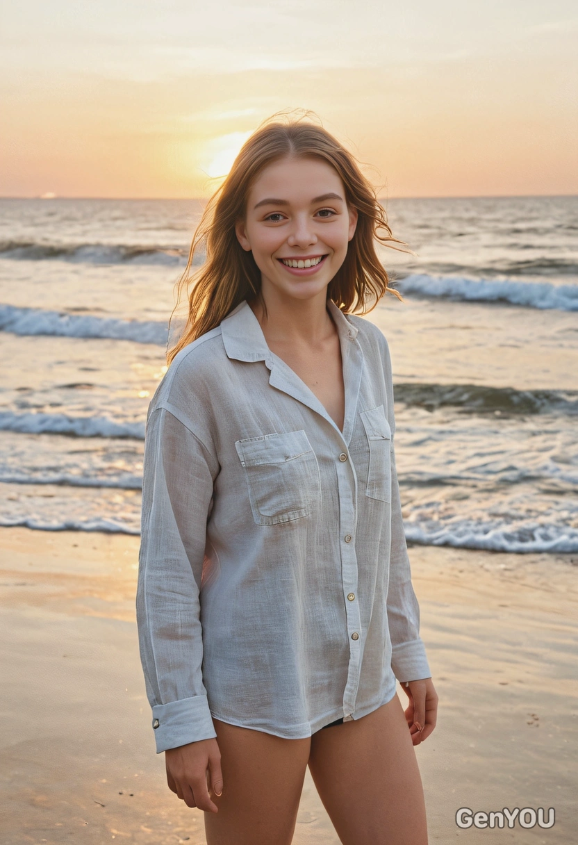 in a loose linen shirt, no pants or underwear , walking along the shoreline with the ocean behind him, blurred background, soft focus, at sunset, the warm light reflecting off the water onto his face, clear facial features