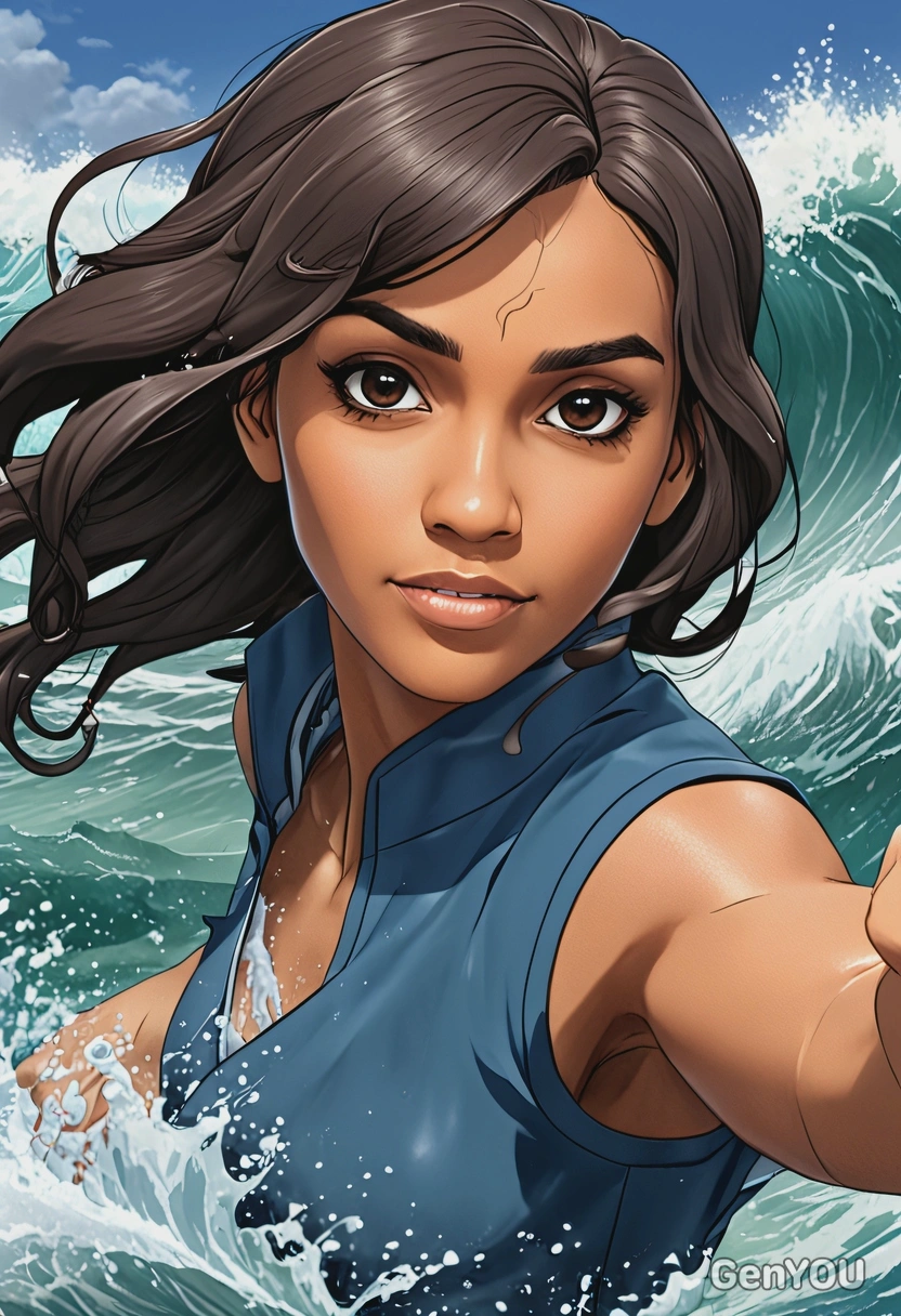 Korra bending water into a powerful wave, anime style, big eyes, manga drawing