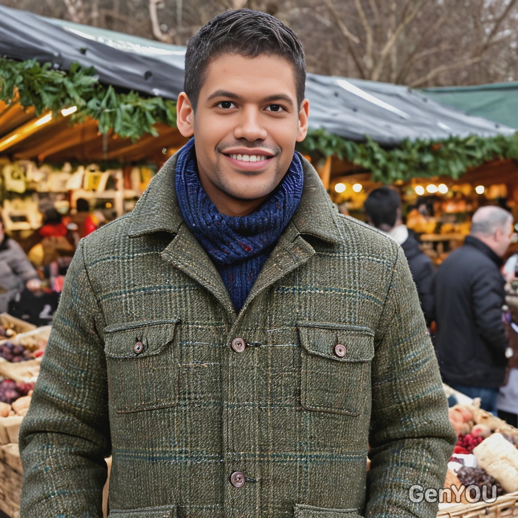 in a tweed jacket, at a winter market, smiling 