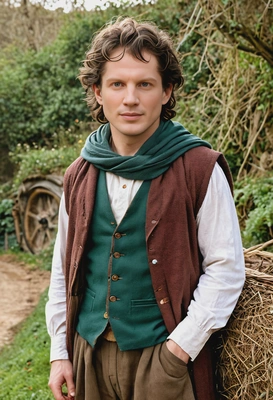 as Frodo Baggins from The Lord of the Rings, in rustic clothes, in the Shire 