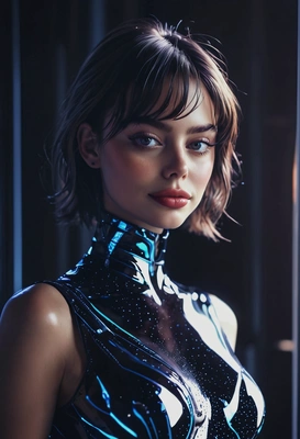 front-side silhouette of a flirty woman in futuristic glass dress, soft sensual vibe, mysterious mood, vignetting, Synthwave aesthetics, seductive eyes on viewer, as if generated by AI