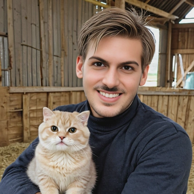 smiling, with a cute Scottish Fold cat in a barn 