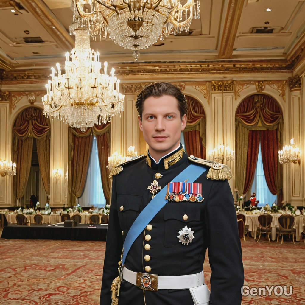 a royal prince standing in a grand ballroom, in a royal military uniform, beneath sparkling chandeliers