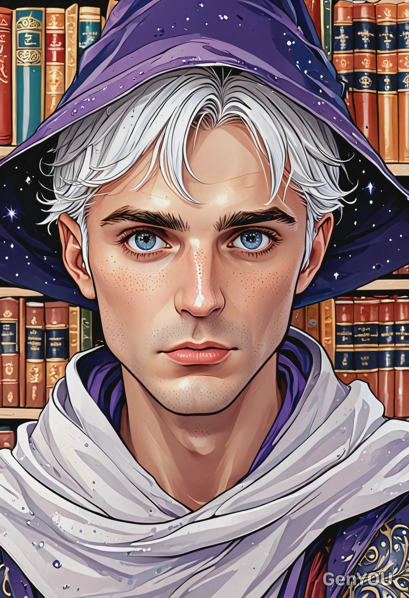 2D cartoon style, hand-drawn, magical color palette, thin ink outlines, male wizard, oversized cartoon big sparkling eyes, magical library background, close-up portrait