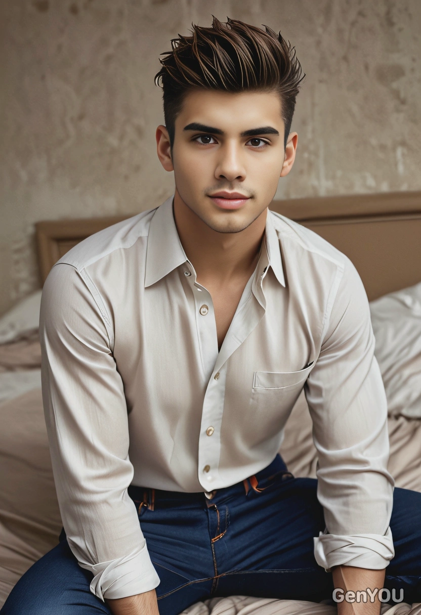 Harper’s Bazaar–style editorial, intimate luxury, androgynous model riclined on rumpled bed linens, relaxed pose, dramatic low light, moody shadows, subtle window or lamp highlights, muted warm tones, messy hair, loose silk shirt, relaxed jeans, shallow depth of field, film grain, cinematic nighttime atmosphere