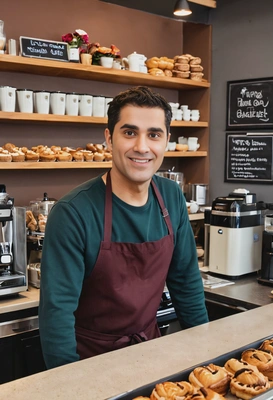 as a barista, wearing an apron with a friendly smile, standing behind a coffee counter in a bustling café with coffee machines and pastries displayed