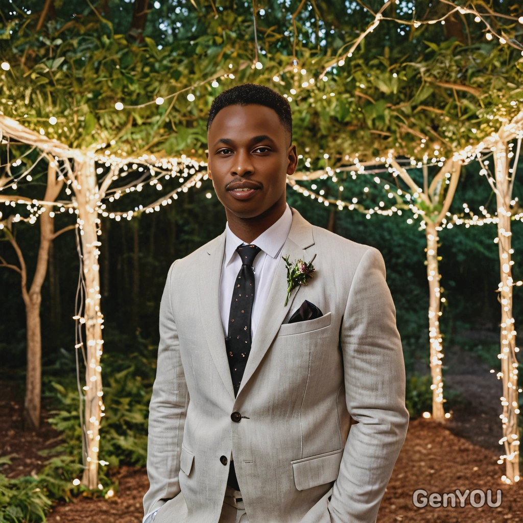 As a groom in a casual linen suit, standing under a canopy of twinkling fairy lights at an intimate forest wedding