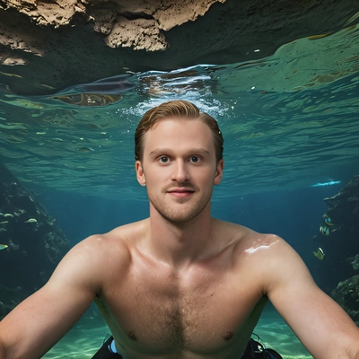 floating in an underwater cave