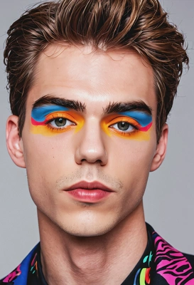 bold, vibrant makeup style of the 1980s, including bright eyeshadows