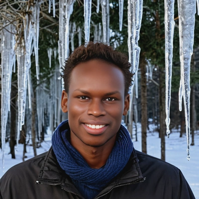smiling, beneath glowing icicles at dusk
