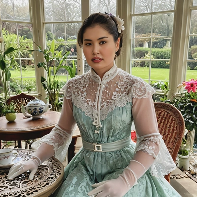 wearing an Edwardian tea gown with delicate lace gloves, seated at a small round table with fine china, in a sunlit conservatory