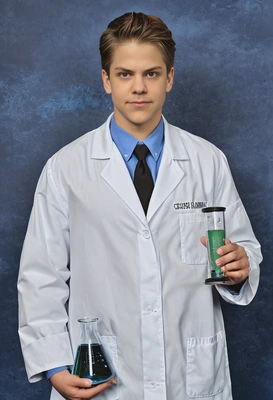 as a 90s science club president in a white lab coat, holding a beaker, posed against a classic blue yearbook background 