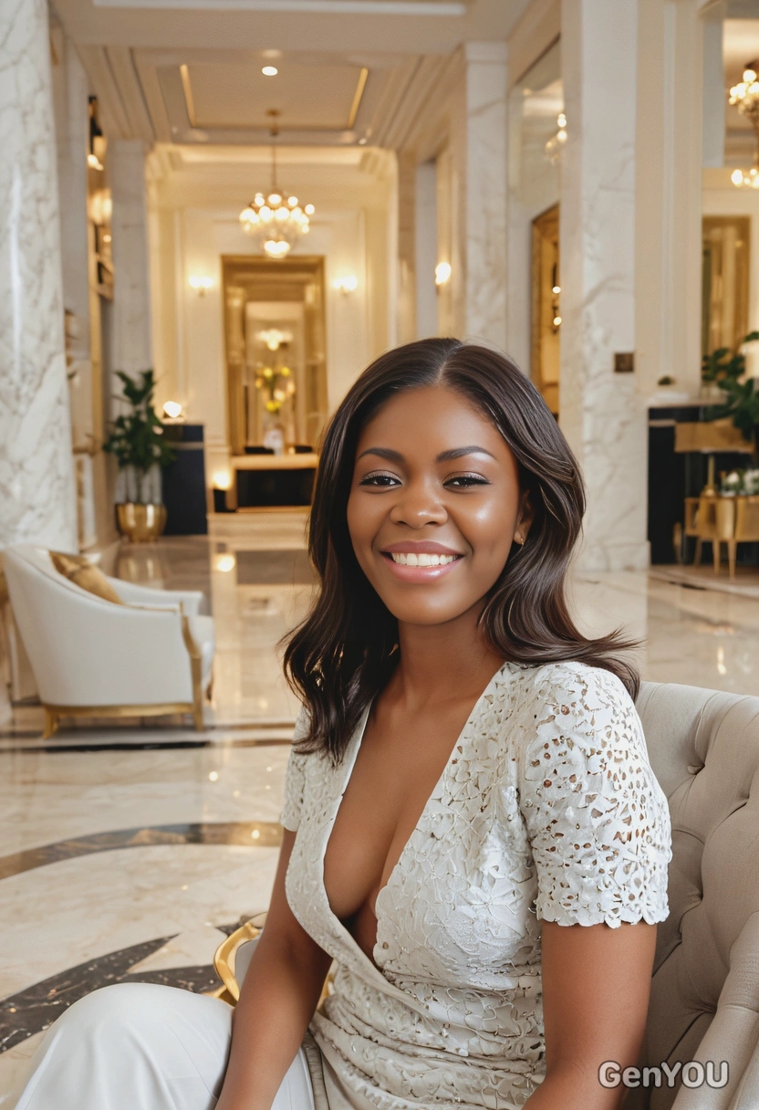 sitting  on an armchair in a luxury apartment lobby with marble floors and gold accents, cinematographic style, blurry background, professional filming, smiling 