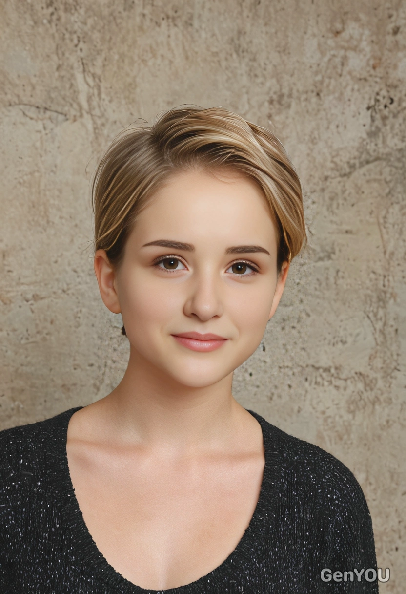 textured pixie cut with soft edges, inspired by Florence Pugh, soft focus, blurred background
