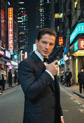 as James Bond in a sharp, tailored suit, holding a silenced pistol, in the neon-lit streets of Shanghai, his expression cool and calculated