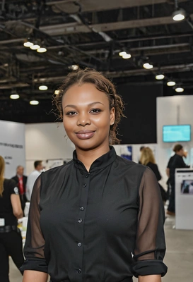 at the tech exhibition, blurred background, wearing a black blouse