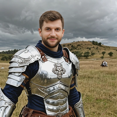 As a mythical warrior, wearing gleaming plate armor, stand victorious on a battlefield surrounded by fallen enemies