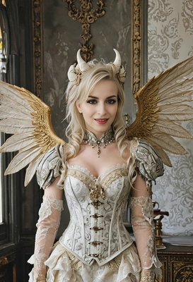 I am a demon, I have horns on my head, wings on my back, and I am standing in a gothic room. I am wearing a beige fantasy outfit made of lace with golden shoulder pads and a corset decorated with silver patterns and ornaments. My hair is very light and curled into small curls.
