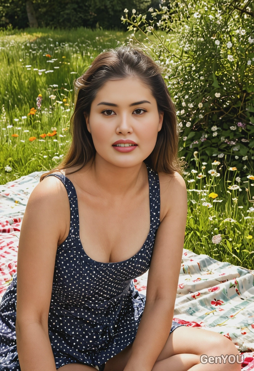 on a picnic blanket in a meadow, surrounded by wildflowers and soft sunlight streaming through the trees, pretty smile, mid shot photo