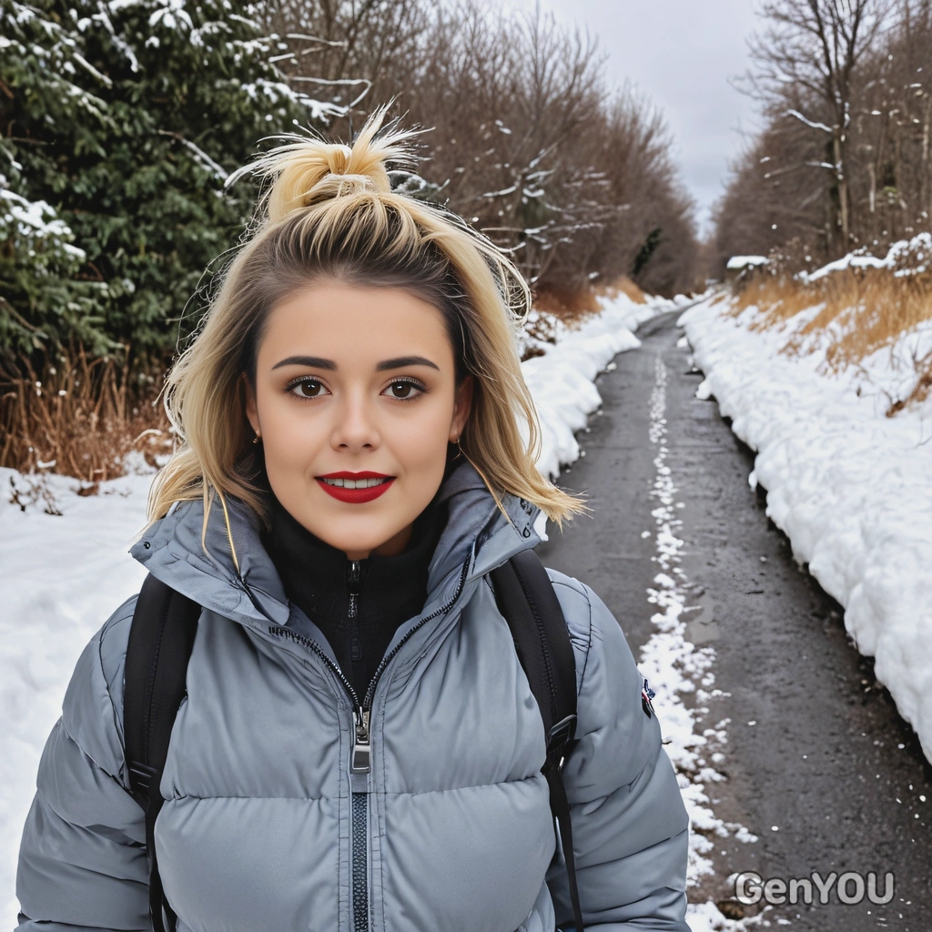  in a puffer jacket, smiling, hair pinned back, walking down a snow-covered path, facing the viewer 