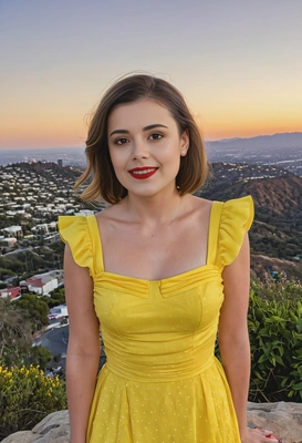 as Mia from La La Land, smiling, mid-shot, in a bright yellow dress, on a Los Angeles hilltop at twilight