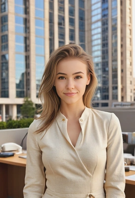as a lady boss in a casual cream-colored fitted dress, cool standing, serious look, voluminous hair, a mid-body photo, blurry office building background, sharp skin texture details, sunrise lighting