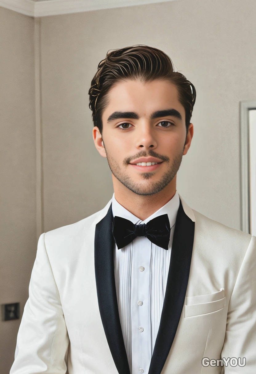 wearing a tailored tuxedo with a velvet bow tie, clean modern room background