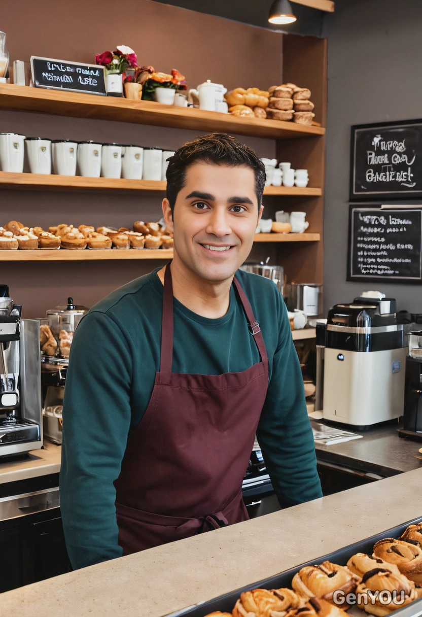 as a barista, wearing an apron with a friendly smile, standing behind a coffee counter in a bustling café with coffee machines and pastries displayed