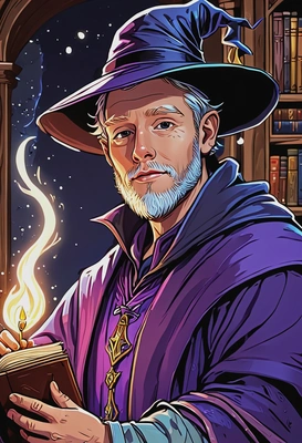 Hand-drawn flat cartoon style, confident wizard, bold ink outlines, bright magical glow lighting, waist-up portrait, enchanted library background