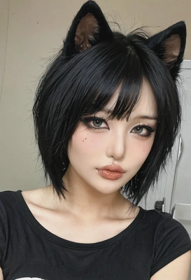 slim face and a wolf cut volume hair with black hair and emo makeup pretty girl,