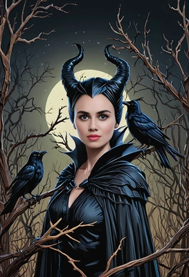 as Maleficent from The Sleeping Beauty surrounded by dry thorny branches, dark night, crows, in cartoon style