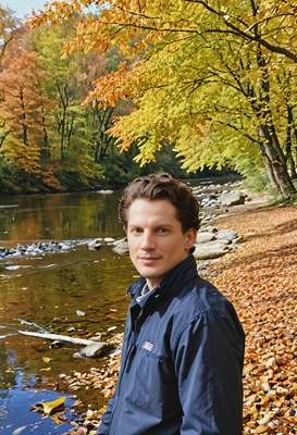 by a river, surrounded by trees covered in bright autumn leaves