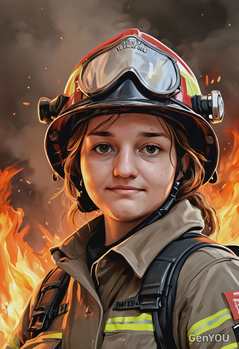 @me as a brave firefighter in full gear, blurred burning flames in the background, smiling, looking directly into the camera, high-quality stylized art, cartoonish style, big round eyes, visible brushstrokes