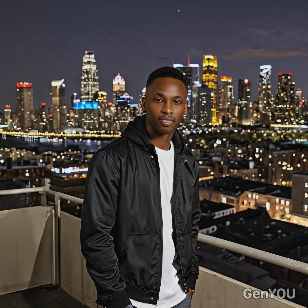 a man in a casual party outfit,  standing on a rooftop terrace, with the city skyline glowing in the distance