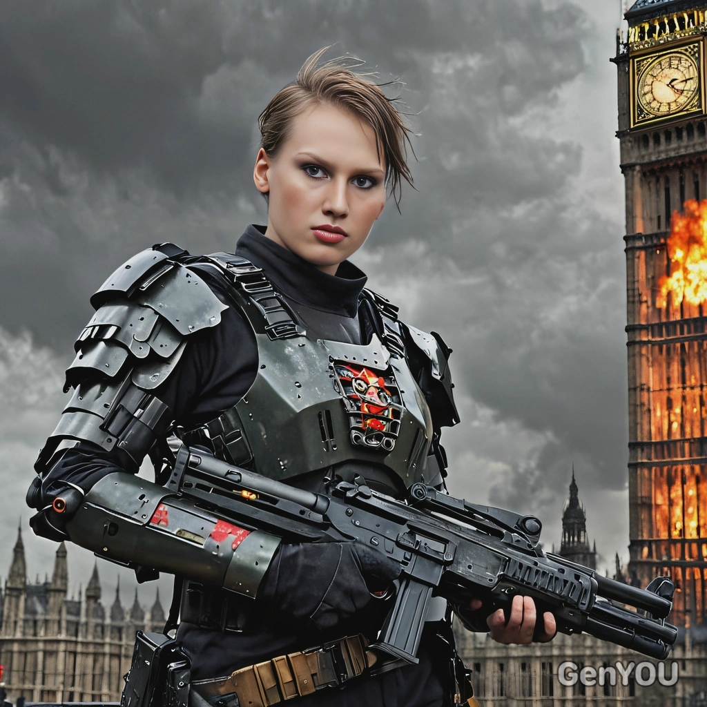as a cyberpunk warrior, tattered UK military armor, ammunition, holding a gun, unshaved, ruins of Big Ben on fire in London behind, dark gray stormy sky, close-up photo, looking directly at camera, vivid colors, high-quality cinematographic style