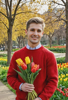 sharp skin texture details, mid-body photo, closed soft smile, fizzy hair, in a red sweater, holding a bouquet red and yellow tulips, standing in a spring park, golden hour