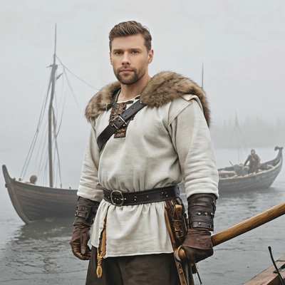 An ancient Viking warrior, in a fur-lined tunic, standing beside his longship on a foggy shore