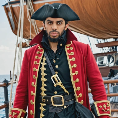 As Captain Hook, wearing a red pirate coat and black hat, standing on the deck of a ship