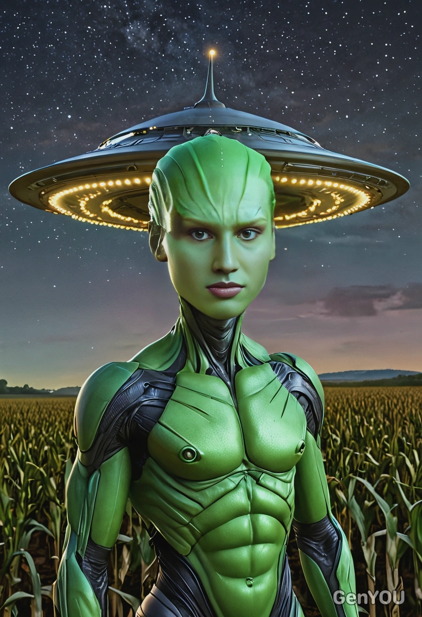 as a massive green alien, smiling, looking directly at you, standing near a UFO with glowing lights behind, night, corn field, symmetrical clothing details, cartoon style, high-quality stylized art