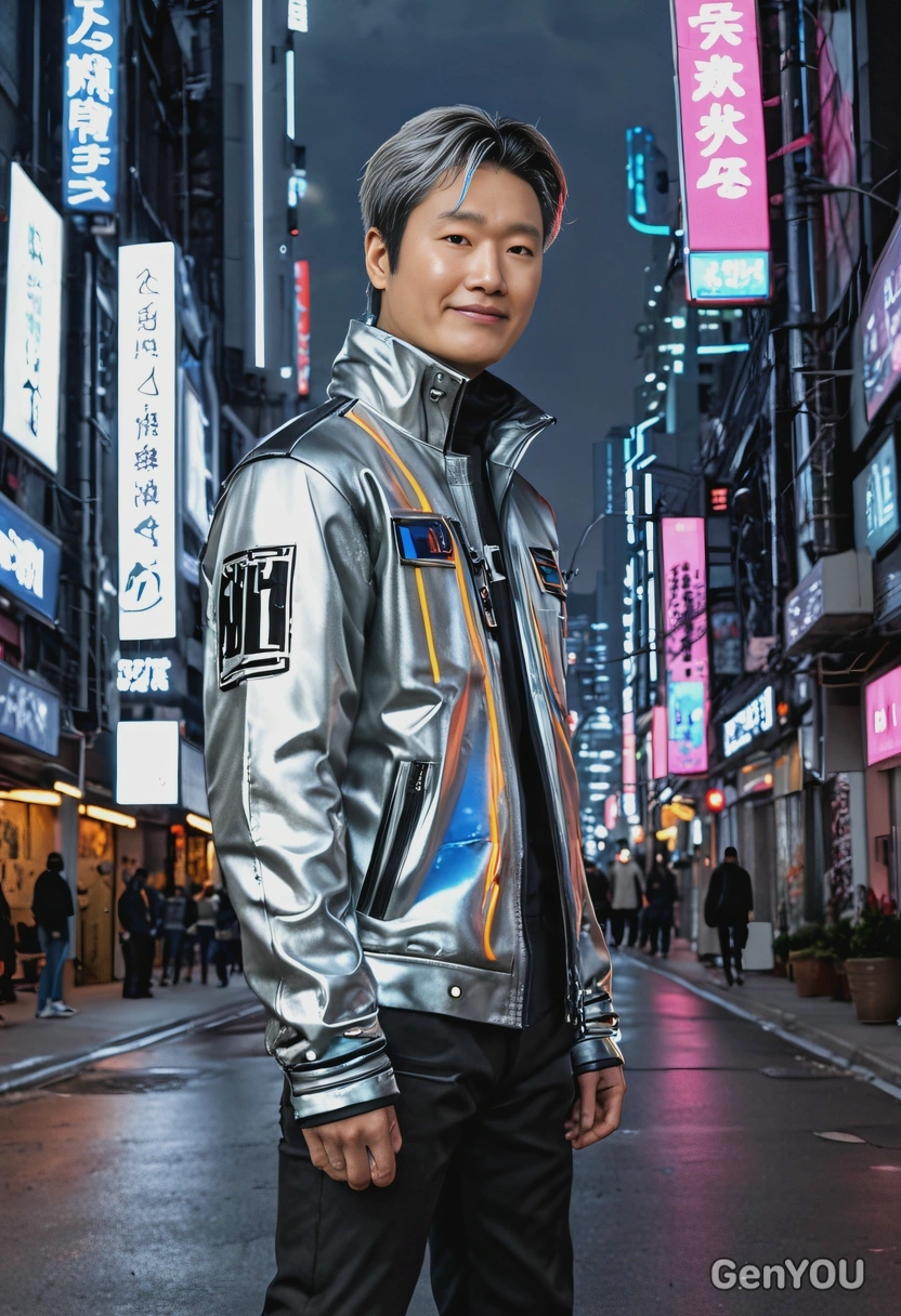 as Taeyong from NCT, wearing a futuristic silver jacket and black pants, standing in a cyberpunk cityscape with glowing signs all around