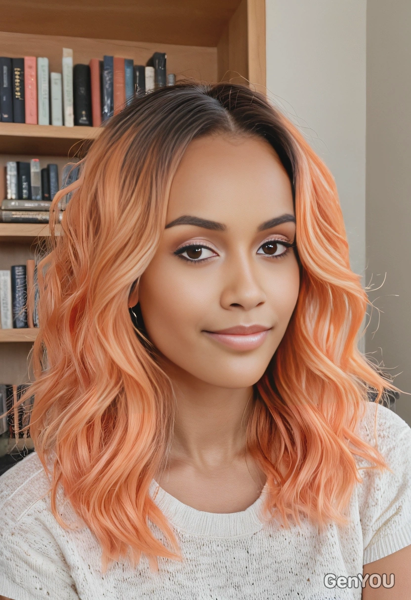 mid-length, layered waves dyed in pastel orange and light coral balayage, styled with loose texture, set in a cozy reading nook